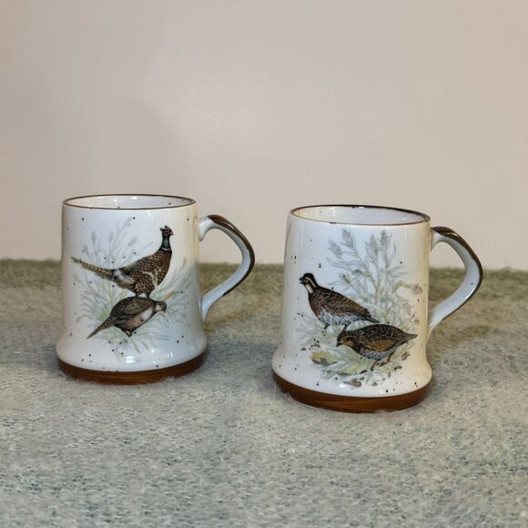 Vintage Speckled Pheasant Mugs set of 2 - Picture 1 of 3